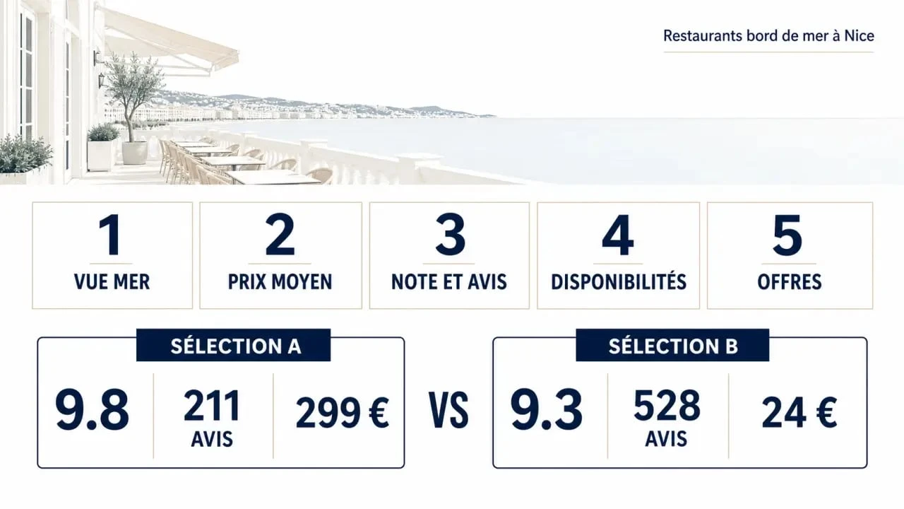 Restaurants bord de mer Nice : critères de choix et comparaison visuelle des prix, avis, notes et disponibilités
