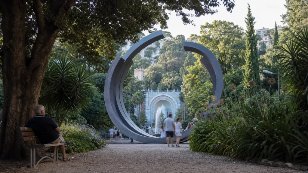 nice jardin albert 1er, allée de gravier et arc monumental