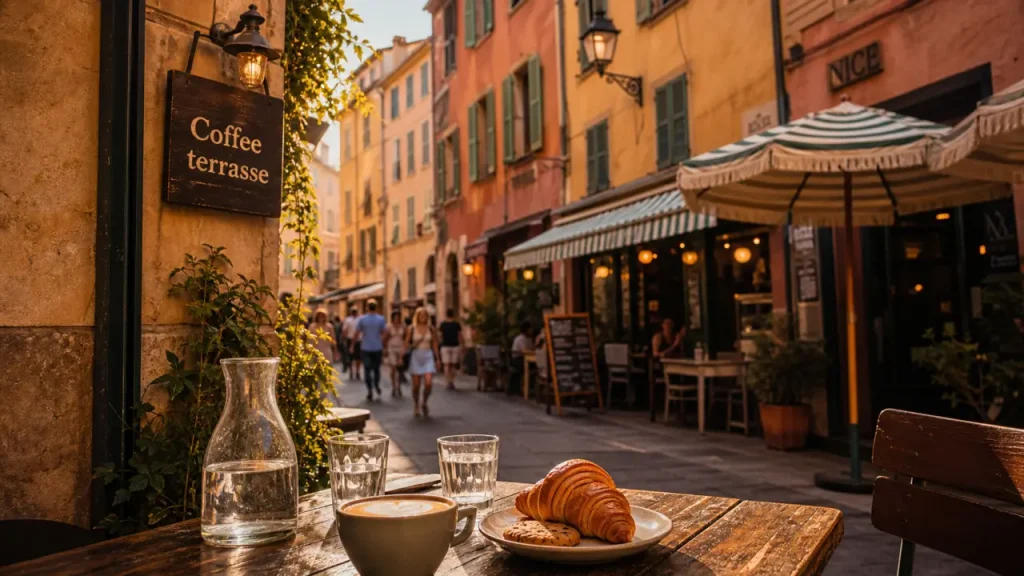 Café nice sur terrasse au Vieux Nice, au soleil de fin d’après-midi