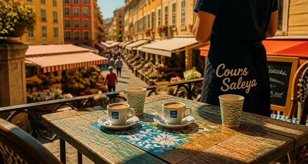 Café vieux Nice sur le Cours Saleya, tasses d’espresso et ruelles