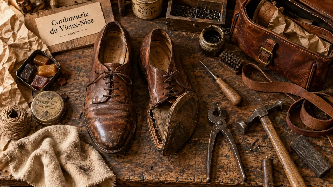 Photo cordonnerie du vieux nice : chaussures en cuir à réparer