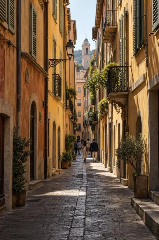 Vieux Nice visite dans une ruelle aux façades colorées et aux volets persiennés