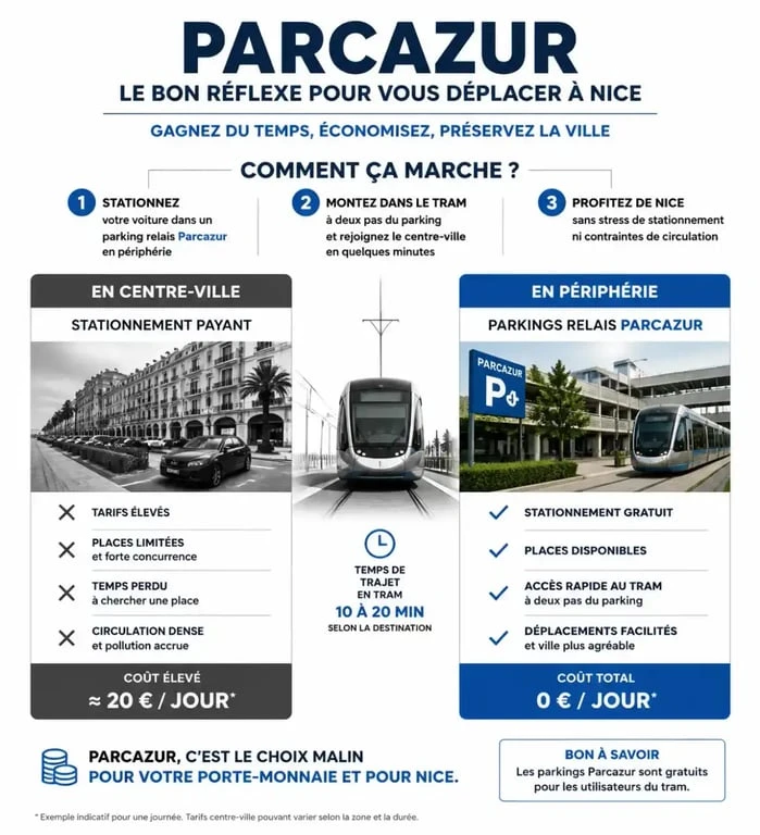 Infographie sur le fonctionnement du parking gratuit à Nice et des parcs relais Parcazur.
