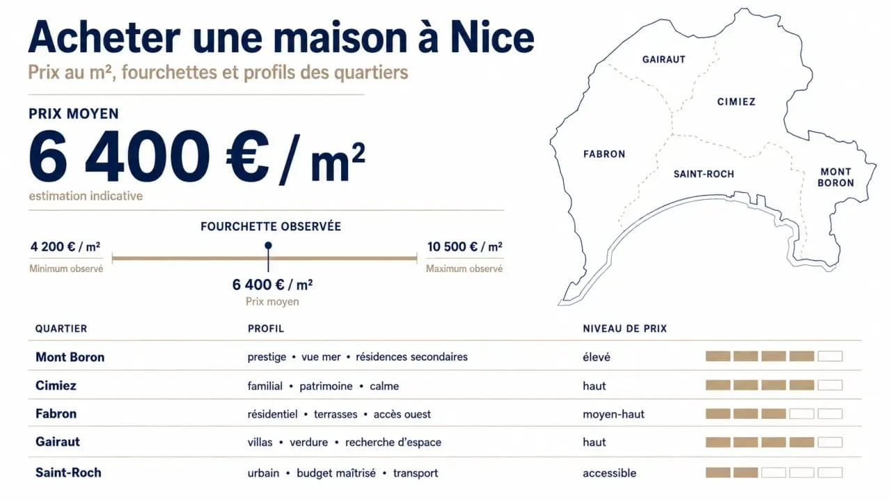 Achat maison Nice : comparaison visuelle des prix au m², des surfaces et des quartiers niçois