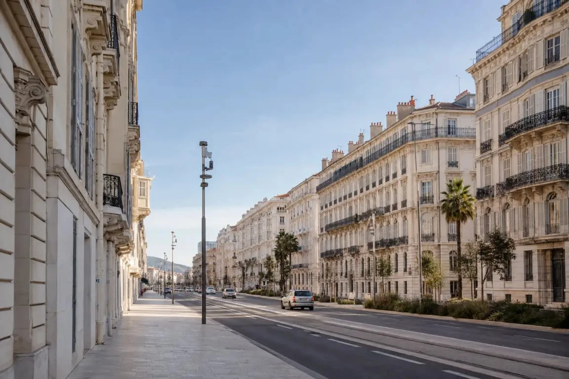Nice République, vue de l’Avenue de la République à Nice dans un quartier urbain