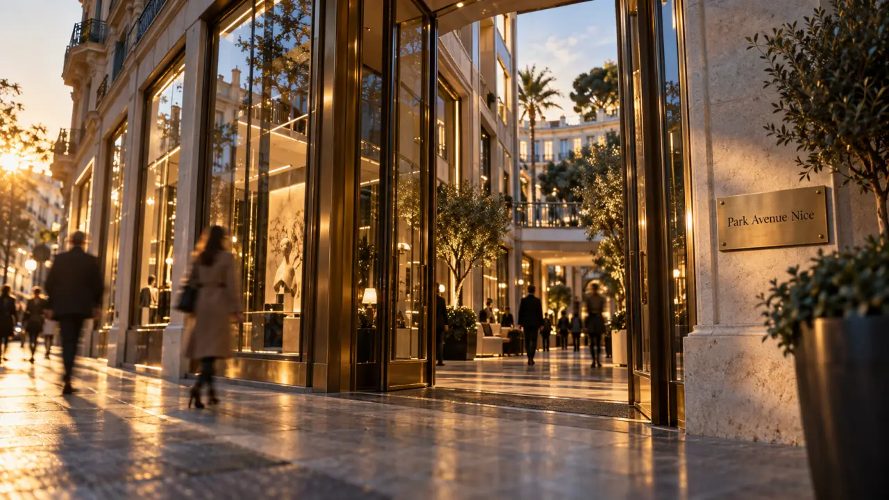 Park avenue nice : vitrines dorées et entrée de galerie au Carré d’Or