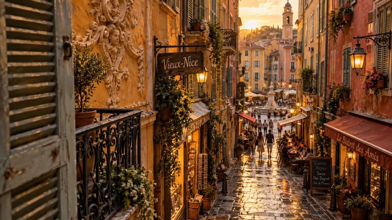 Ruelle vieux Nice au Vieux-Nice, façades baroques et pavés.